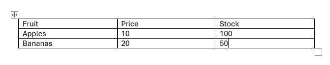 Example adding data to table with insertion point showing in Word